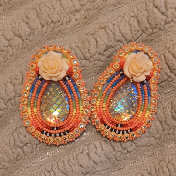 Hand Beaded Earrings with Floral Accent - Picture 1 of 5